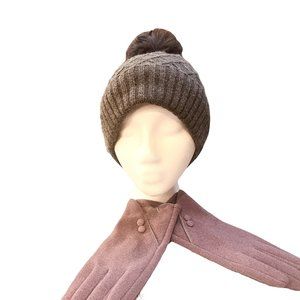 BYOS, Womens, Cable Knit, Grey Hat w/Faux Fur Pom Pom/ Mauve Trimmed Grey Glove